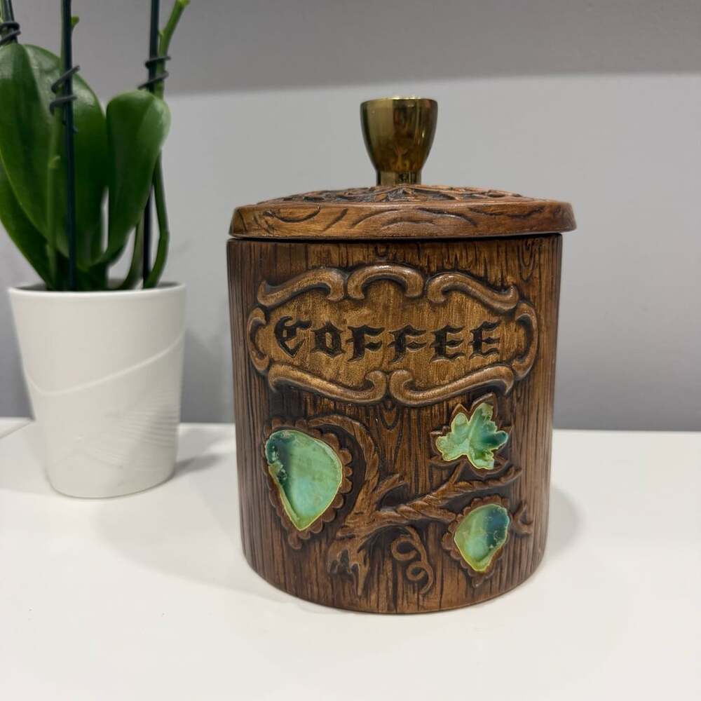 Treasure Craft Coffee Canister Wood Grain Embossed Green Leaf